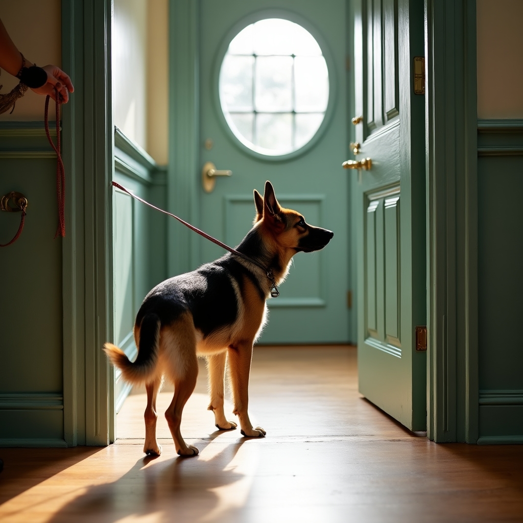 Hund schnuppert vorsichtig an der Eingangstür des Studios während der Eingewöhnung