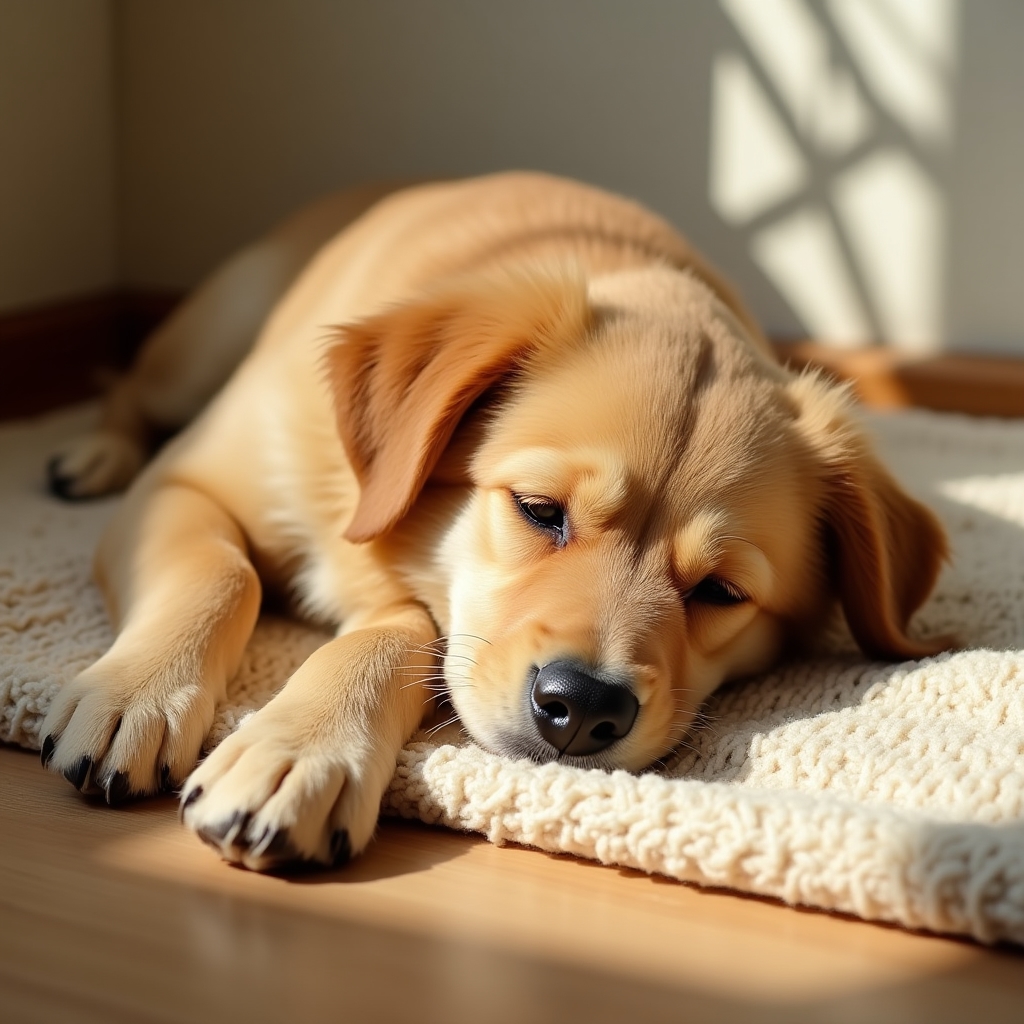 Entspannter Hund liegt nach der Pflege auf einer weichen Decke