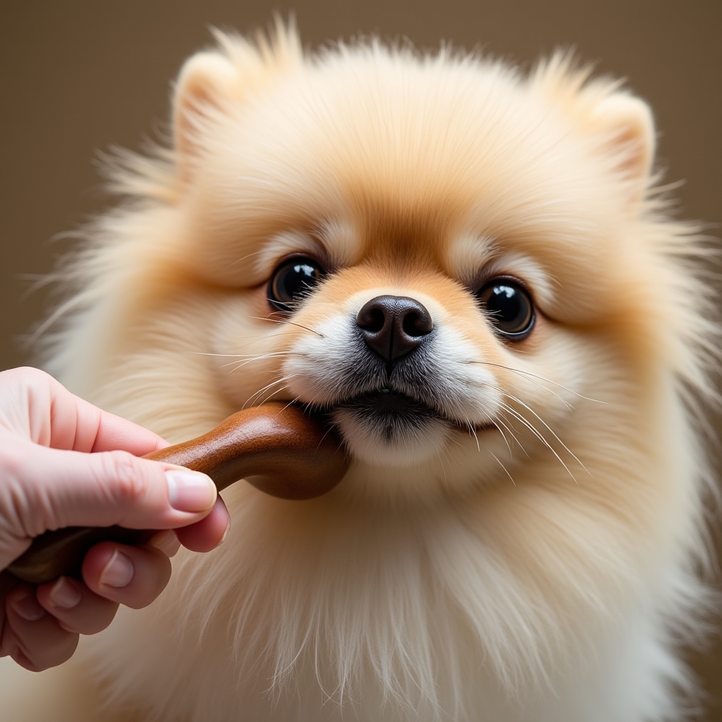 Nahaufnahme einer sanften Bürstenbehandlung im Fell eines Hundes
