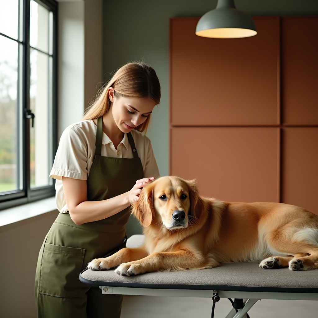 Hundepflegerin bürstet einen ruhigen Senioren-Hund im hellen Studio