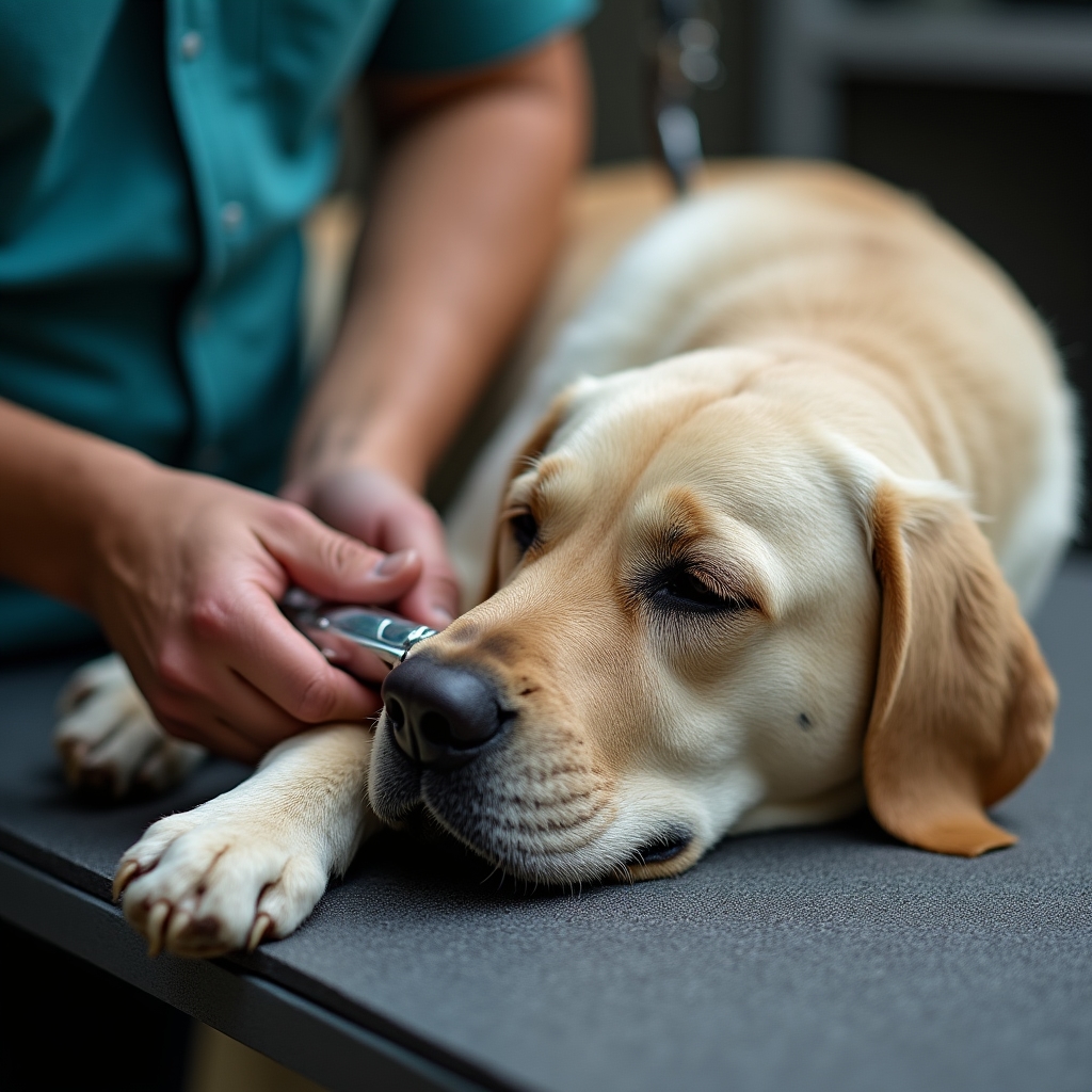 Älterer Hund wird vorsichtig auf gepolstertem Tisch gepflegt